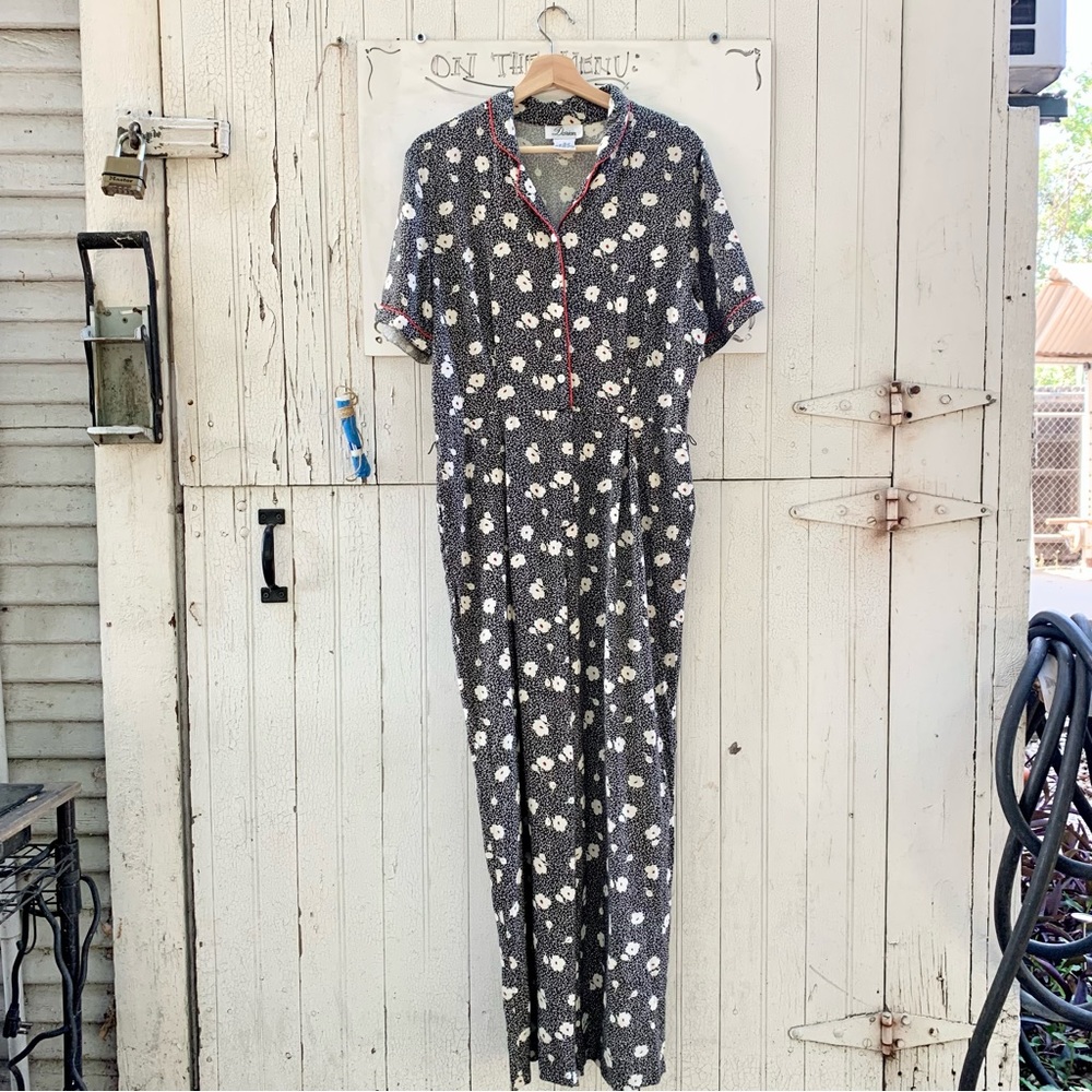 Vintage Black & Red Wide-Leg Cotton Jumpsuit size 12
